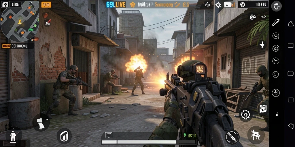 Screenshot gameplay 69LIVE menunjukkan aksi intens dalam pertempuran FPS.