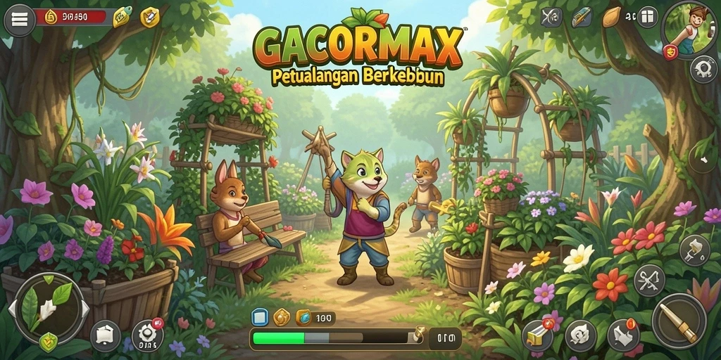 Screenshot gameplay GACORMAX menampilkan ladang yang subur dan tanaman yang sehat.