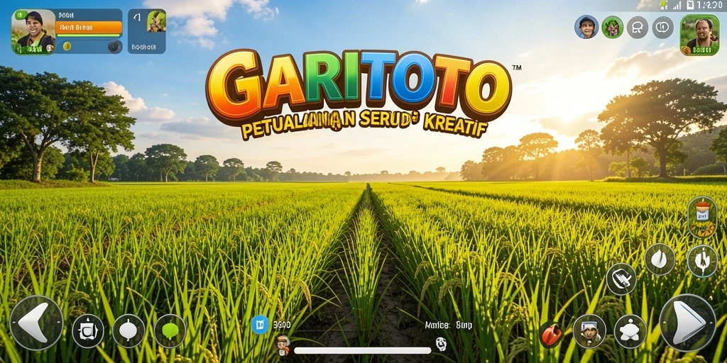 Screenshot gameplay GARITOTO yang menunjukkan ladang hijau dan aktivitas pertanian.