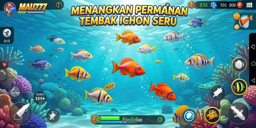 Tampilan gameplay seru dalam MAU777 saat menembak ikan.
