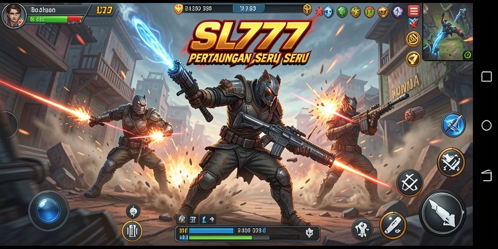 Screenshot permainan SL777 menunjukkan pertarungan aksi yang menegangkan.