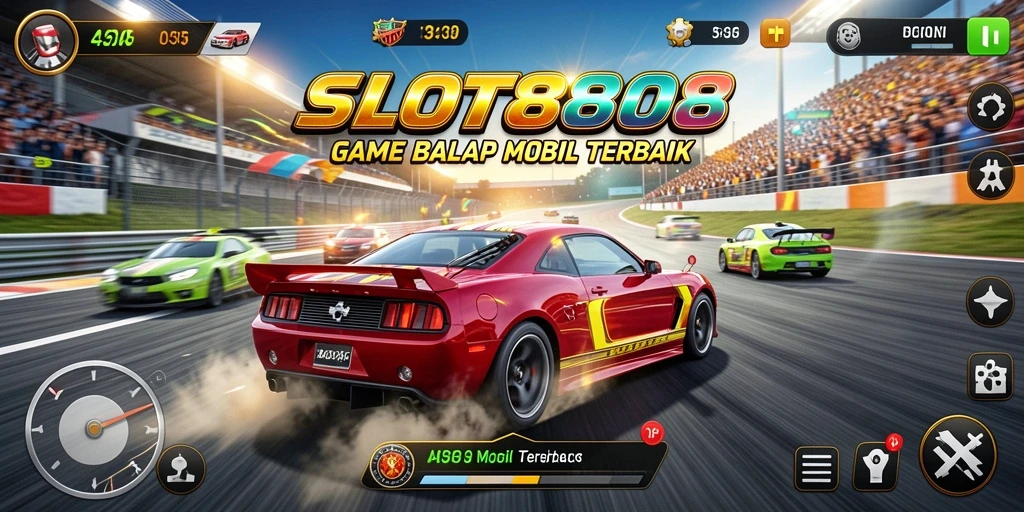 Gameplay SLOT8808 menampilkan balapan mobil yang menegangkan.